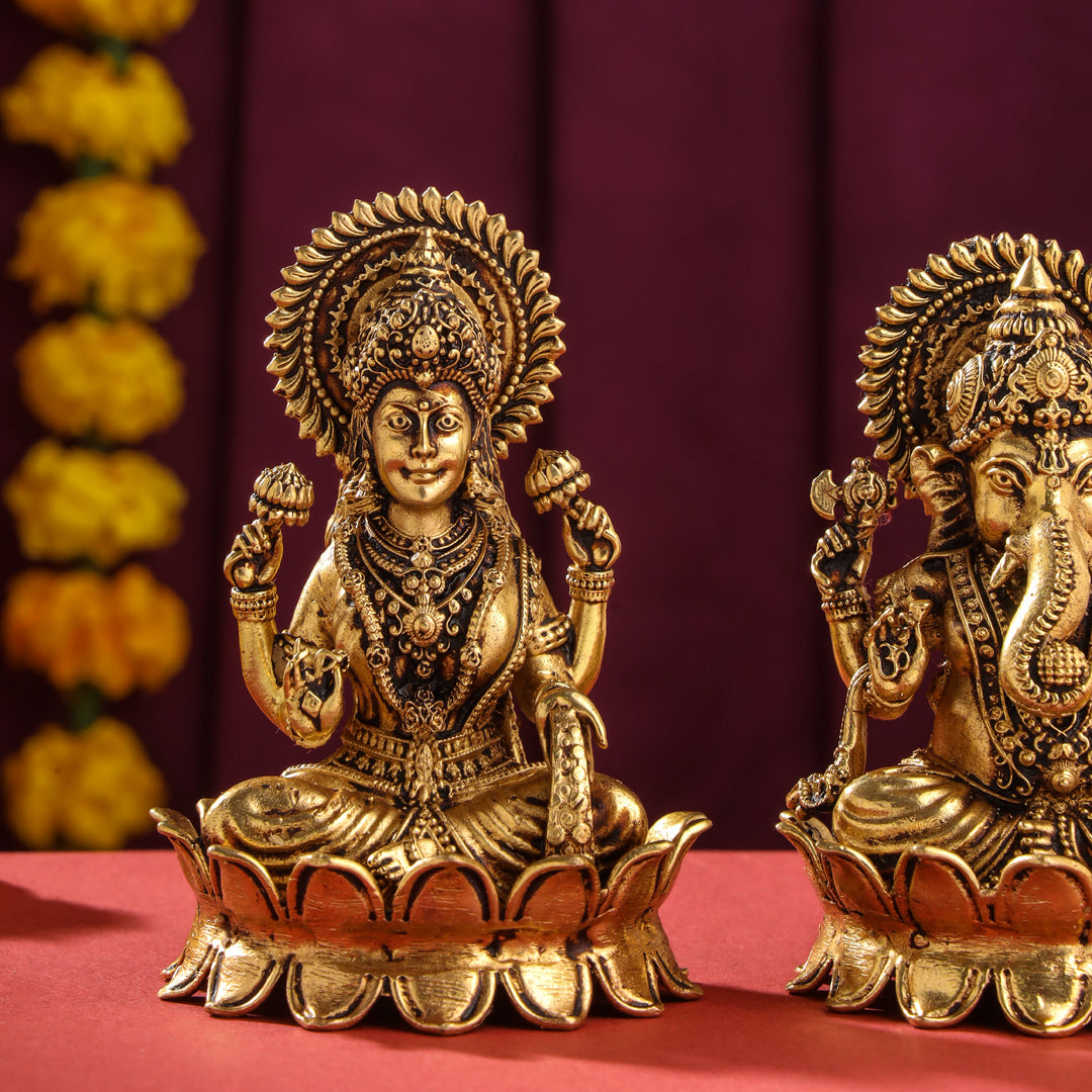 Brass Superfine Lotus Ganesha And Lakshmi Idols (4 Inch)