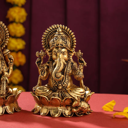 Brass Superfine Lotus Ganesha And Lakshmi Idols (4 Inch)