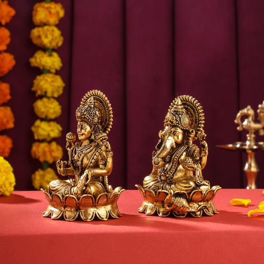 Brass Superfine Lotus Ganesha And Lakshmi Idols (4 Inch)