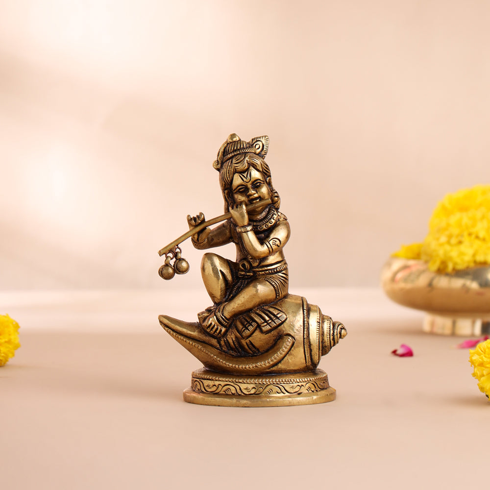 Brass Superfine Lord Krishna Sitting On Conch (5 Inch)