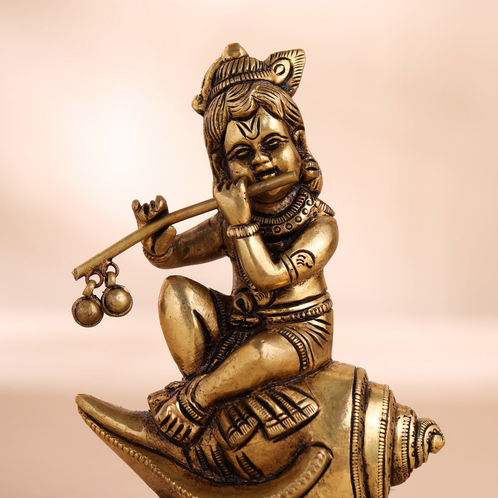 Brass Superfine Lord Krishna Sitting On Conch (5 Inch)