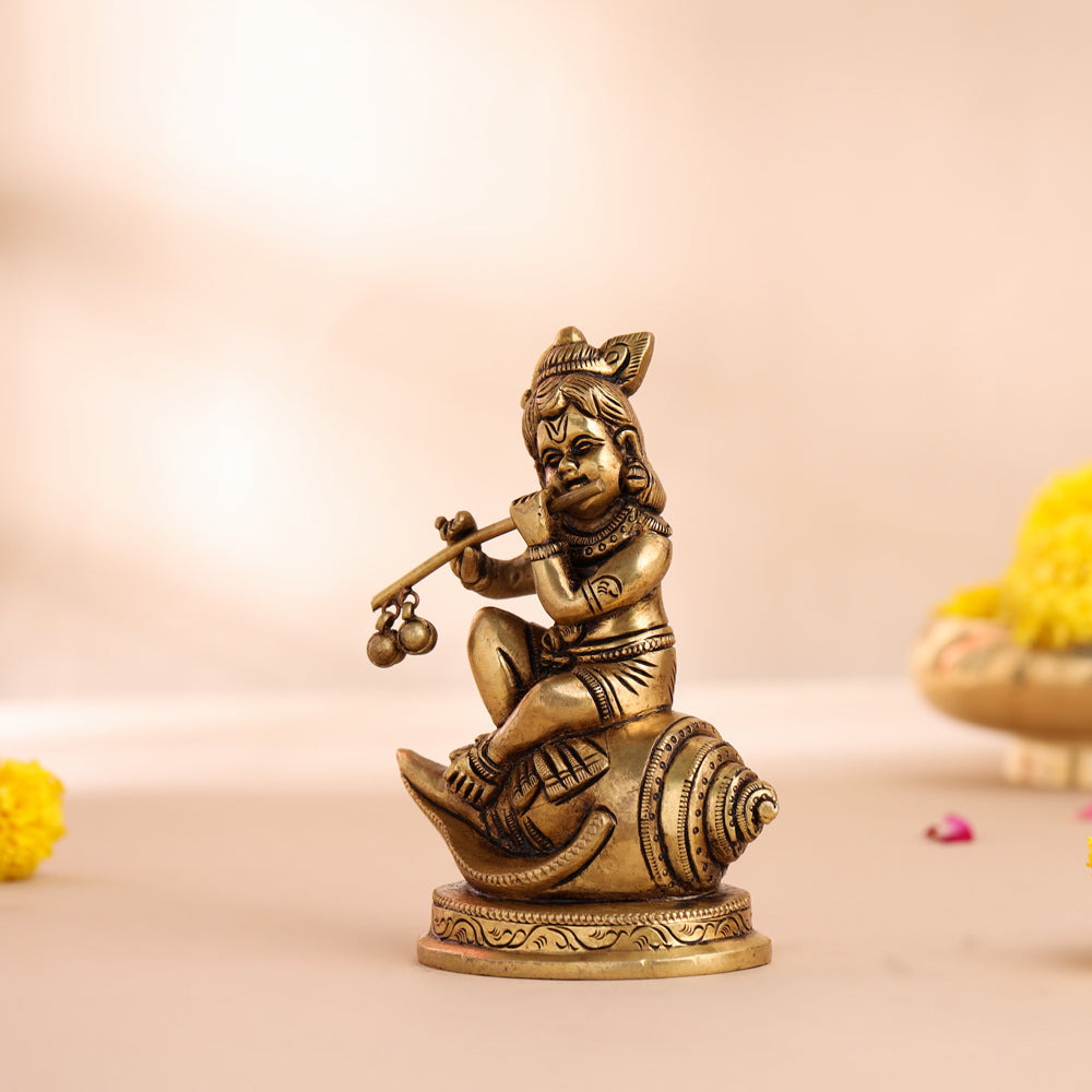 Brass Superfine Lord Krishna Sitting On Conch (5 Inch)