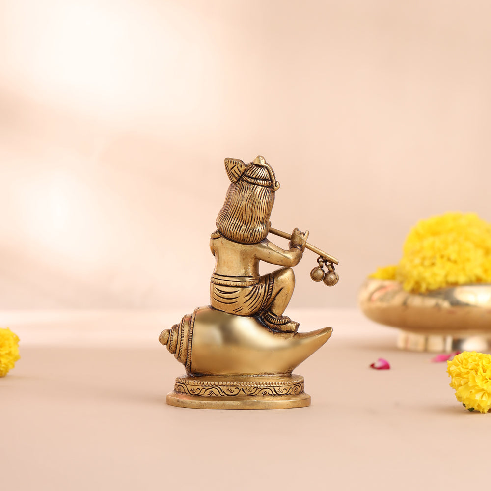 Brass Superfine Lord Krishna Sitting On Conch (5 Inch)