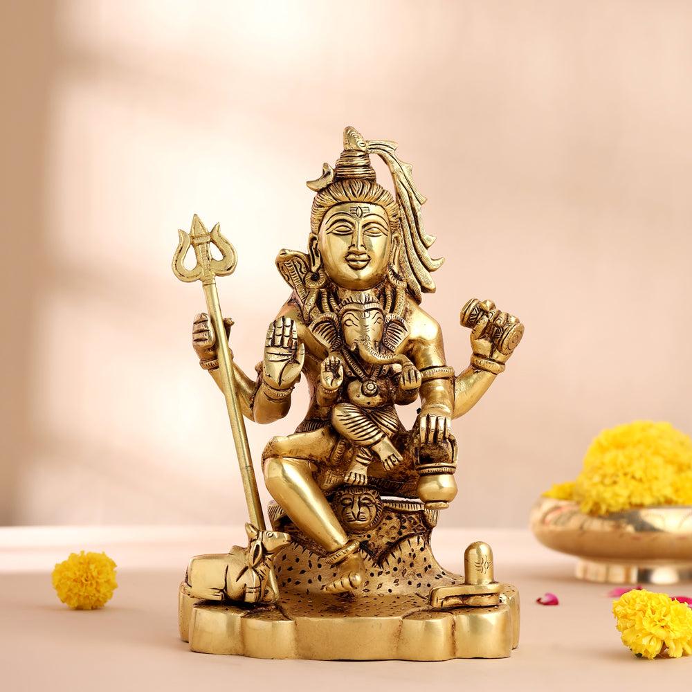 Brass Lord Shiva With Ganesha Idol (9 Inch)