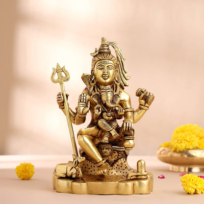 Brass Lord Shiva With Ganesha Idol (9 Inch)