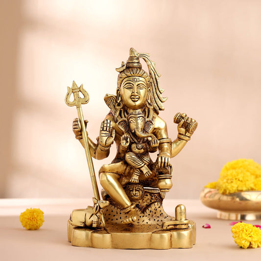 Brass Lord Shiva With Ganesha Idol (9 Inch)