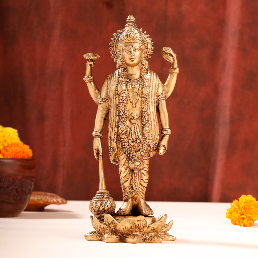 Brass Lord Vishnu Idol On Lotus (9 Inch)
