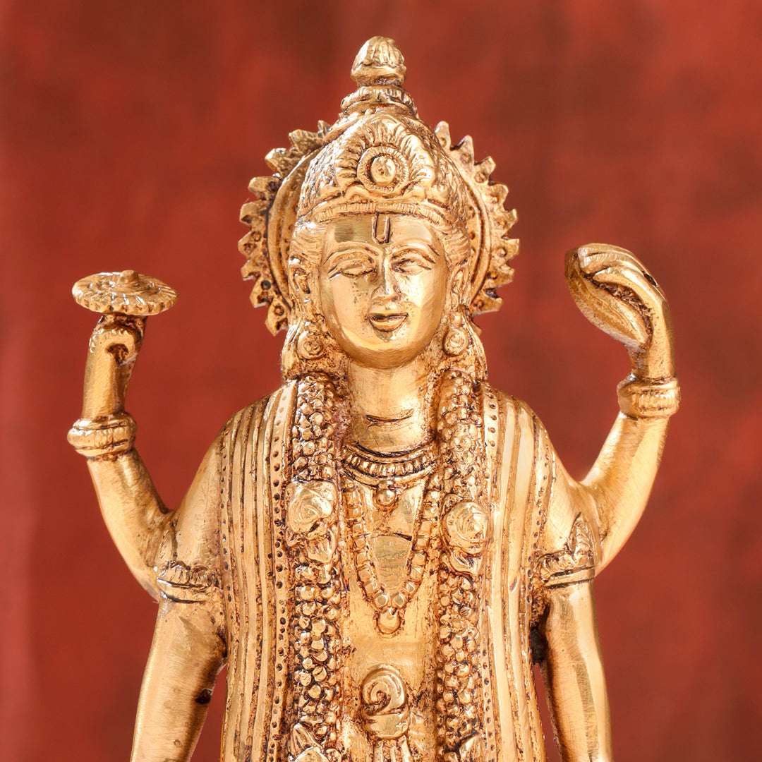 Brass Lord Vishnu Idol On Lotus (9 Inch)