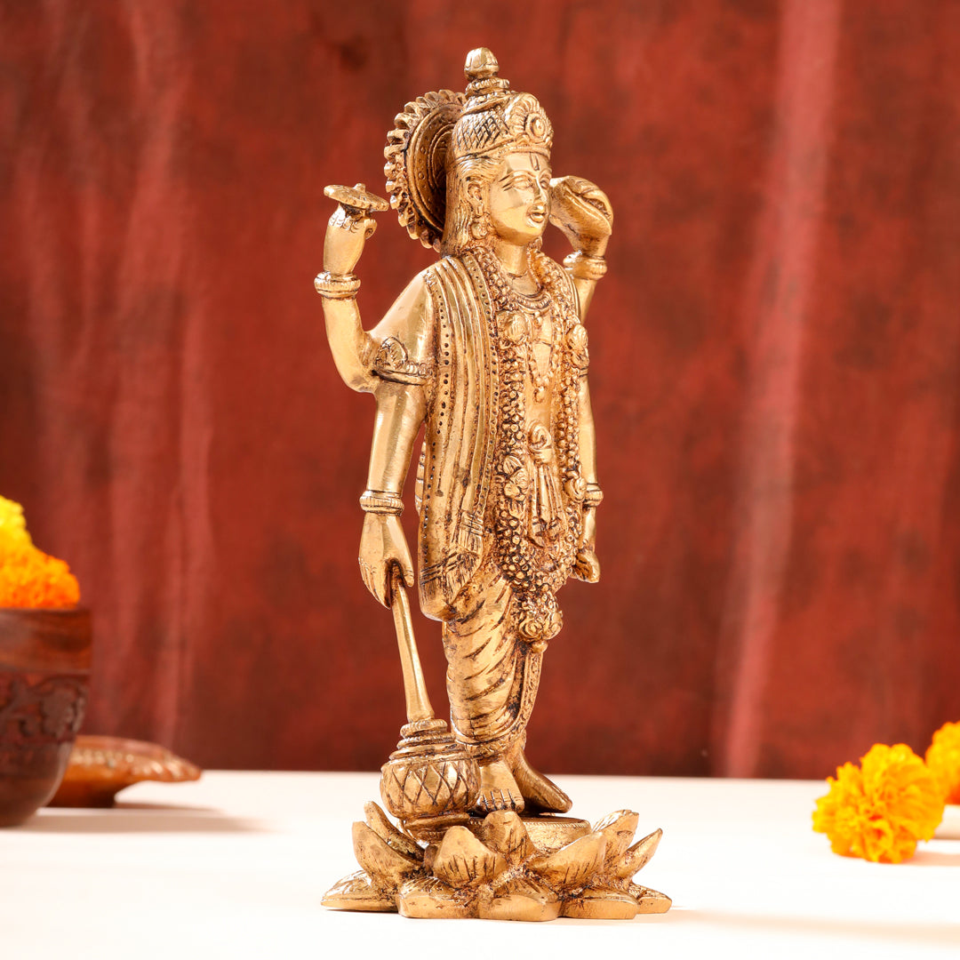 Brass Lord Vishnu Idol On Lotus (9 Inch)