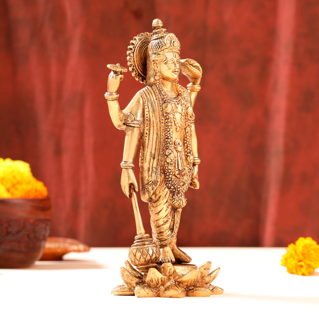 Brass Lord Vishnu Idol On Lotus (9 Inch)