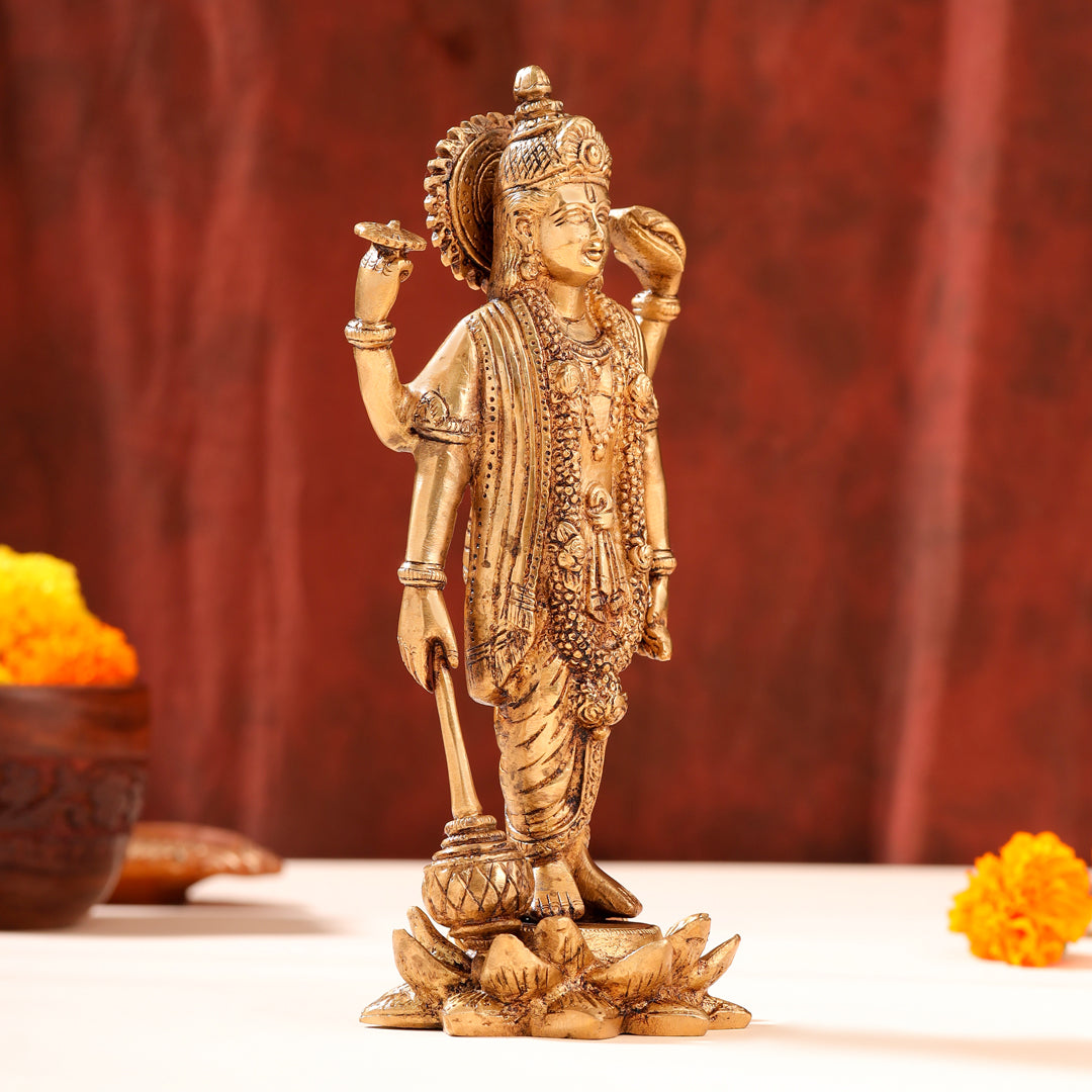 Brass Lord Vishnu Idol On Lotus (9 Inch)