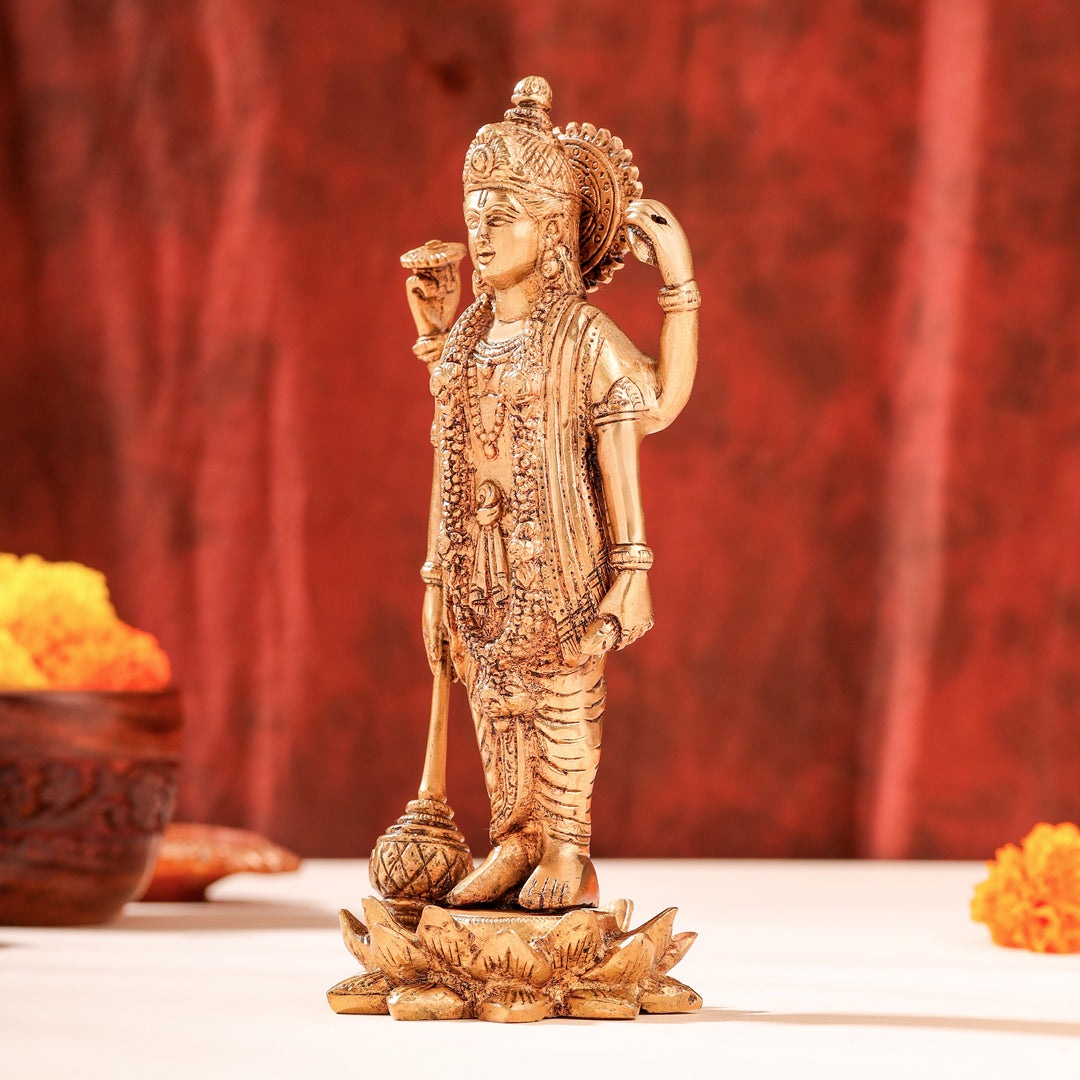 Brass Lord Vishnu Idol On Lotus (9 Inch)