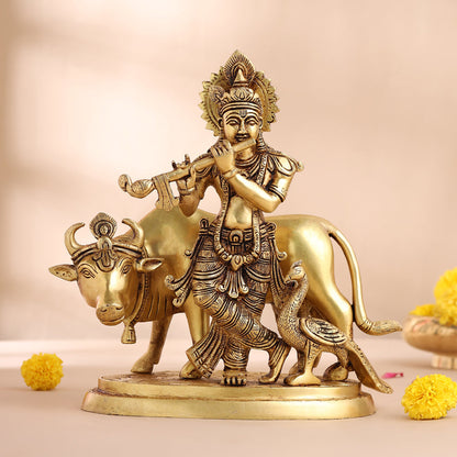 Brass Krishna With Cow Statue (9.5 Inch)