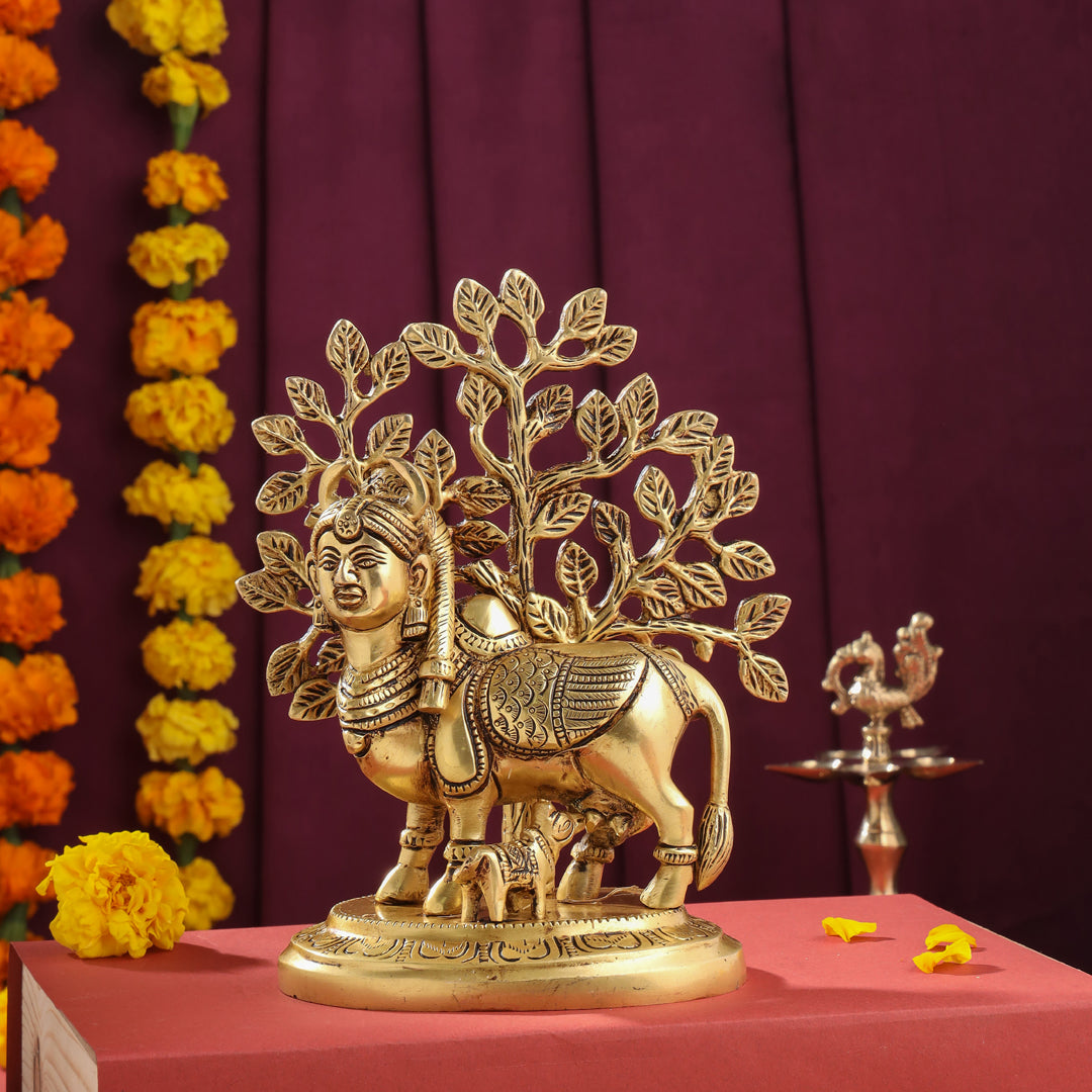 Brass Kamdhenu Cow With Calf And Tree Idol (8 Inch)