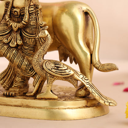 Brass Krishna With Cow Statue (9.5 Inch)