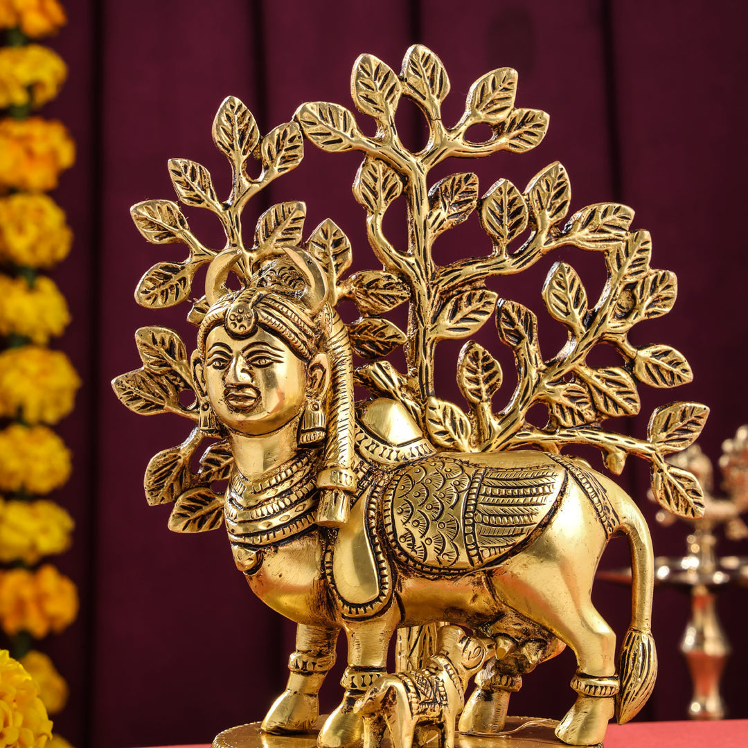 Brass Kamdhenu Cow With Calf And Tree Idol (8 Inch)