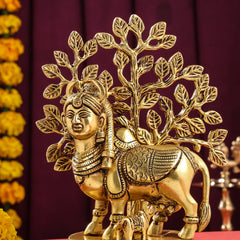 Brass Kamdhenu Cow With Calf And Tree Idol (8 Inch)