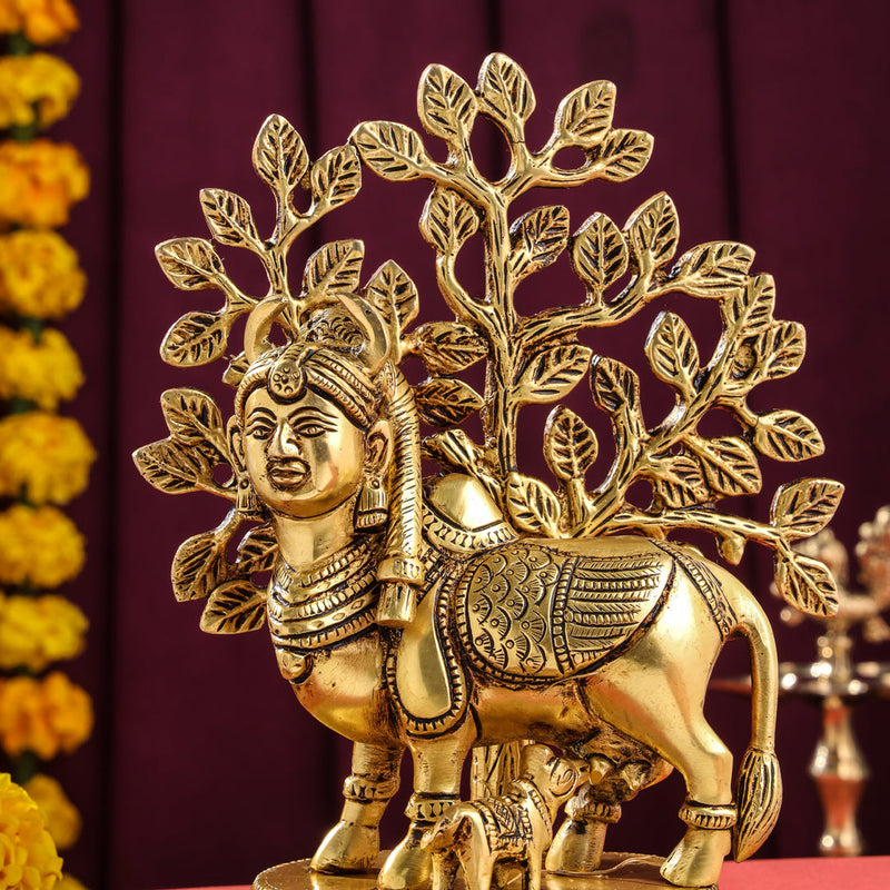 Brass Kamdhenu Cow With Calf And Tree Idol (8 Inch)