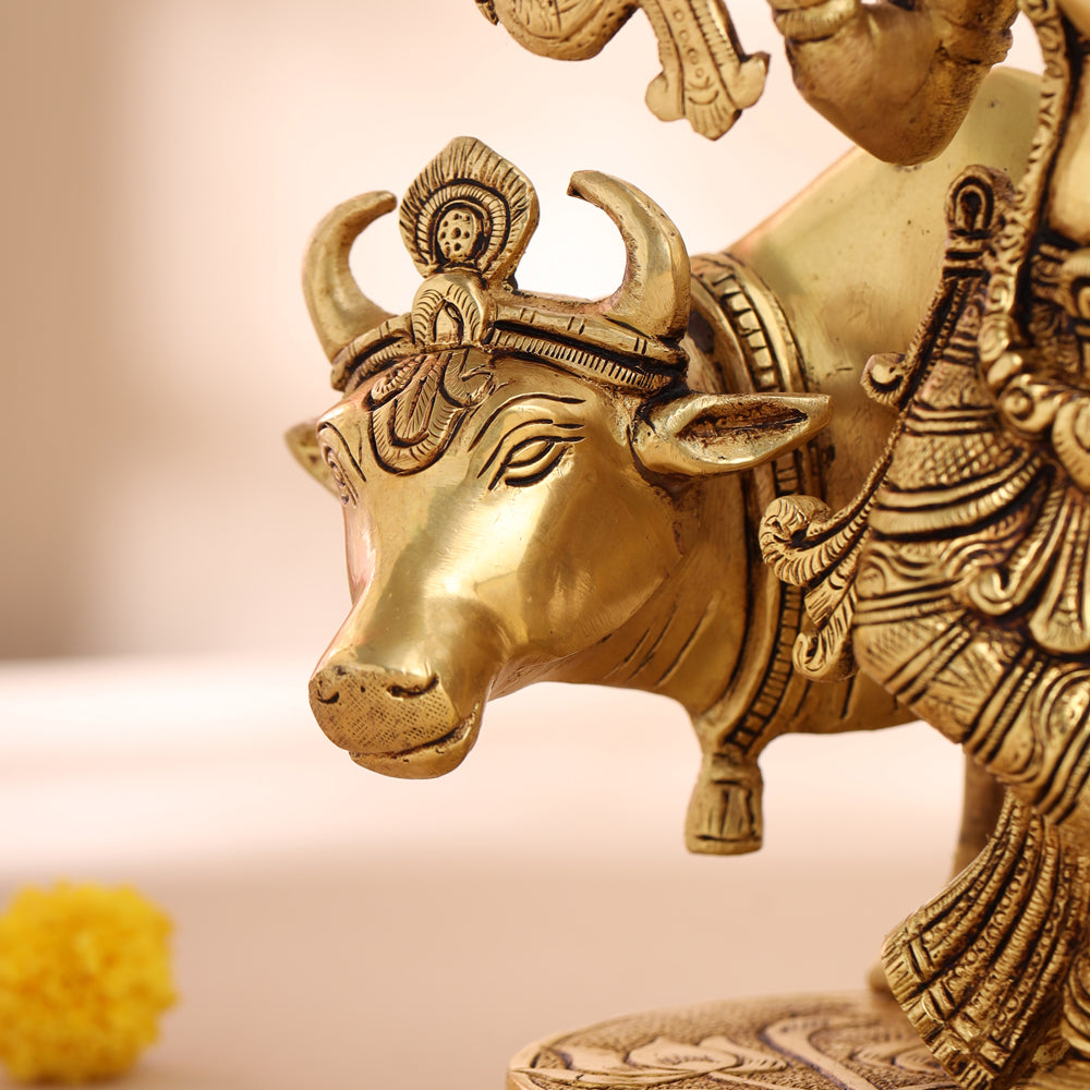 Brass Krishna With Cow Statue (9.5 Inch)