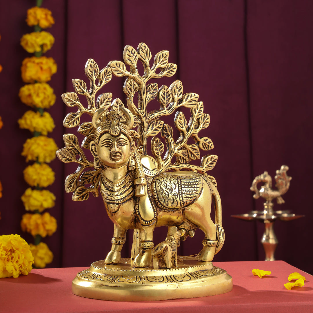 Brass Kamdhenu Cow With Calf And Tree Idol (8 Inch) – Velan Store