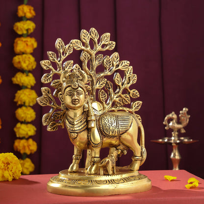 Brass Kamdhenu Cow With Calf And Tree Idol (8 Inch)