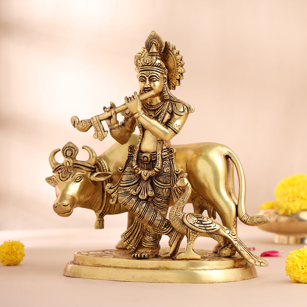 Brass Krishna With Cow Statue (9.5 Inch)