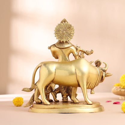 Brass Krishna With Cow Statue (9.5 Inch)