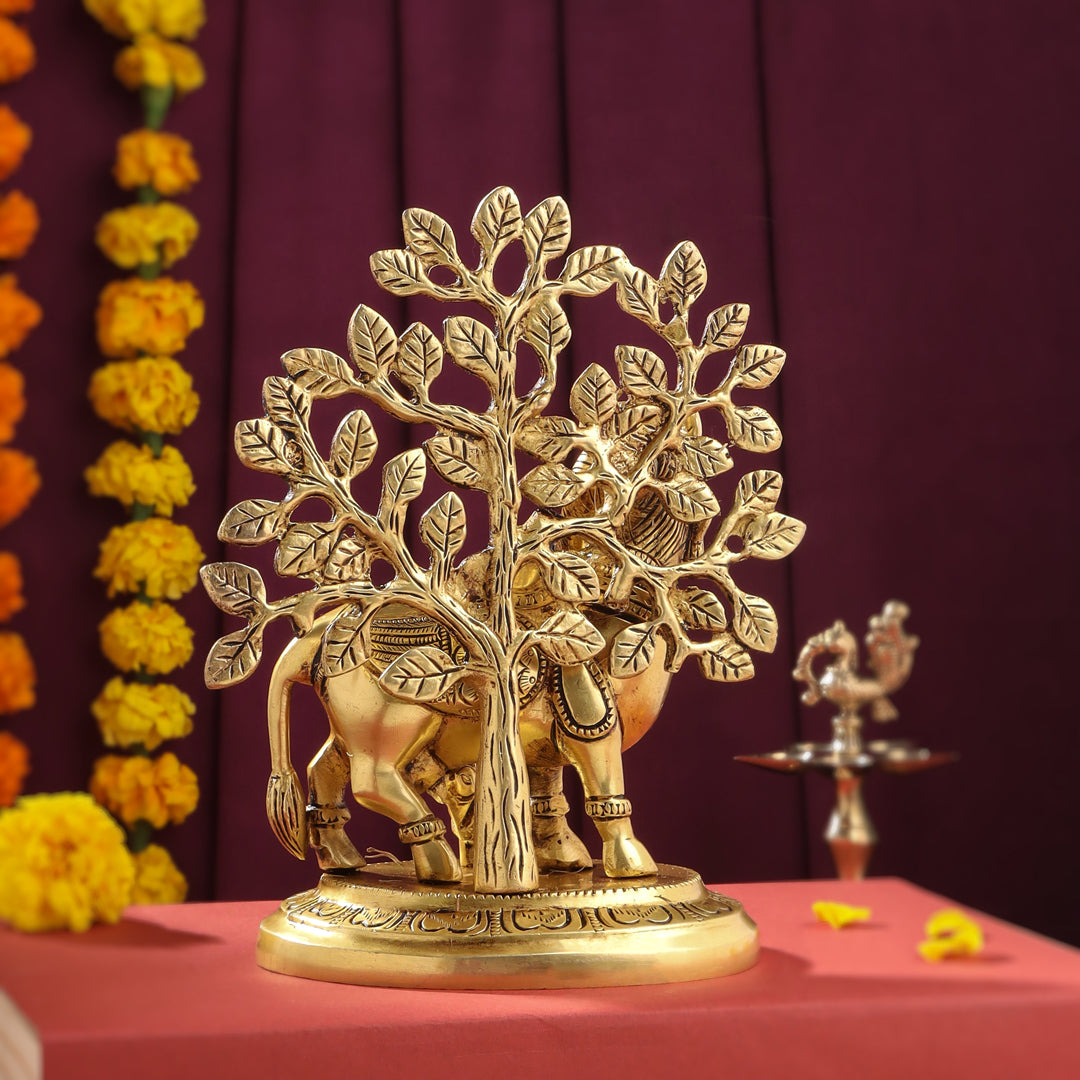 Brass Kamdhenu Cow With Calf And Tree Idol (8 Inch)