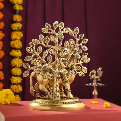Brass Kamdhenu Cow With Calf And Tree Idol (8 Inch)