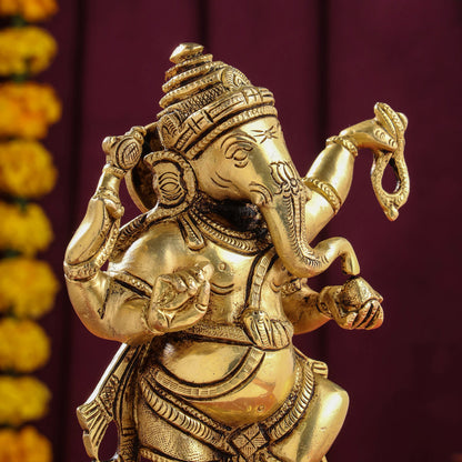 Brass Dancing Ganesha Idol (8 Inch)