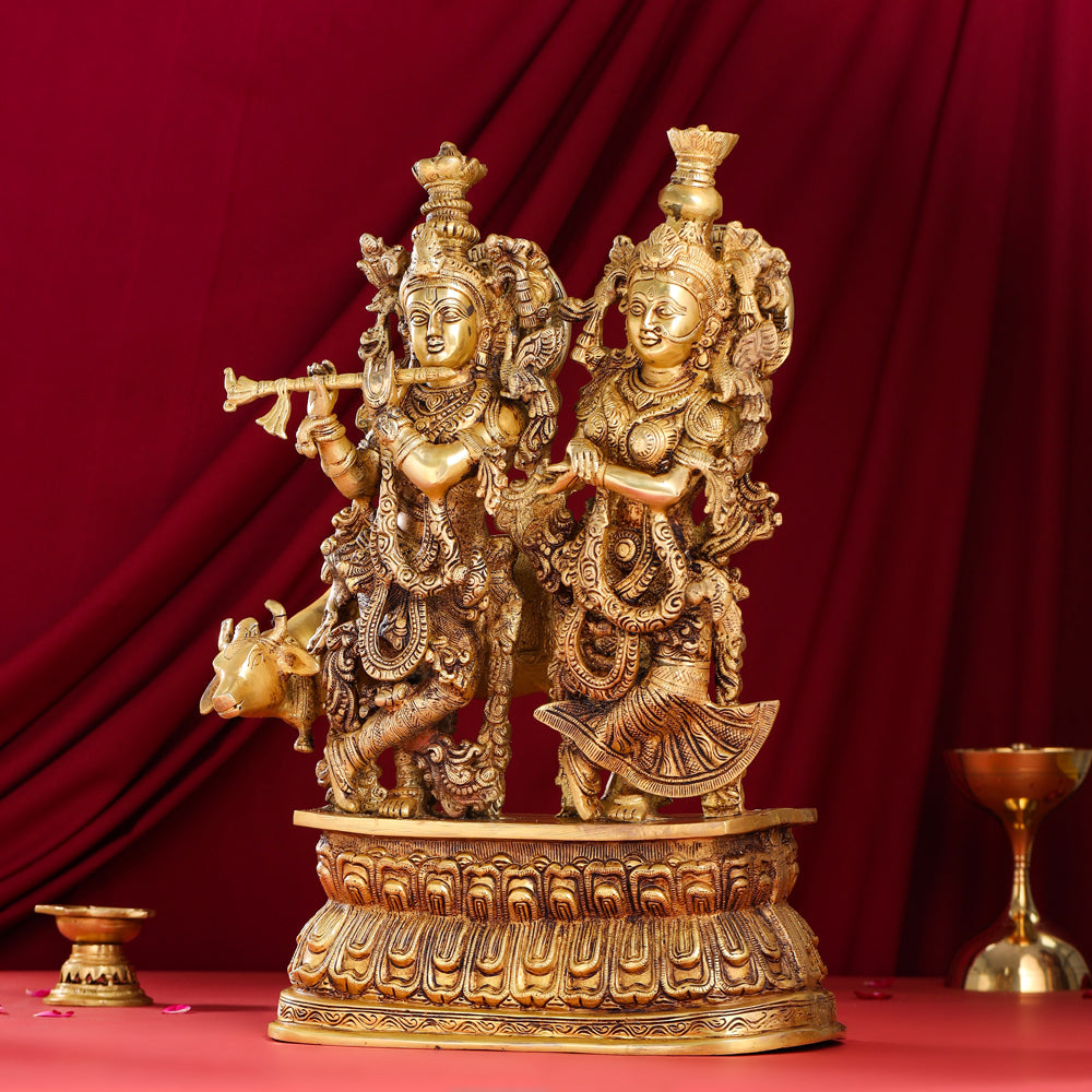 Brass Radha Krishna With Cow Statue (21 Inch)