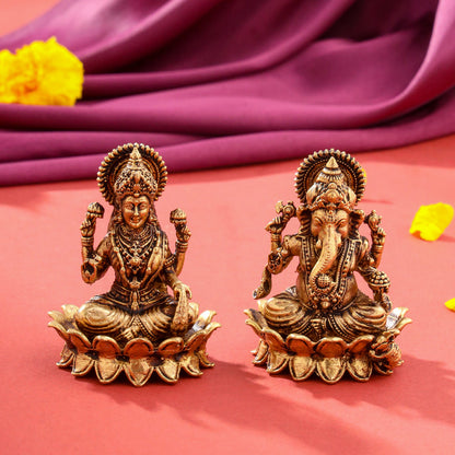 Brass Superfine Lotus Ganesha And Lakshmi Idols