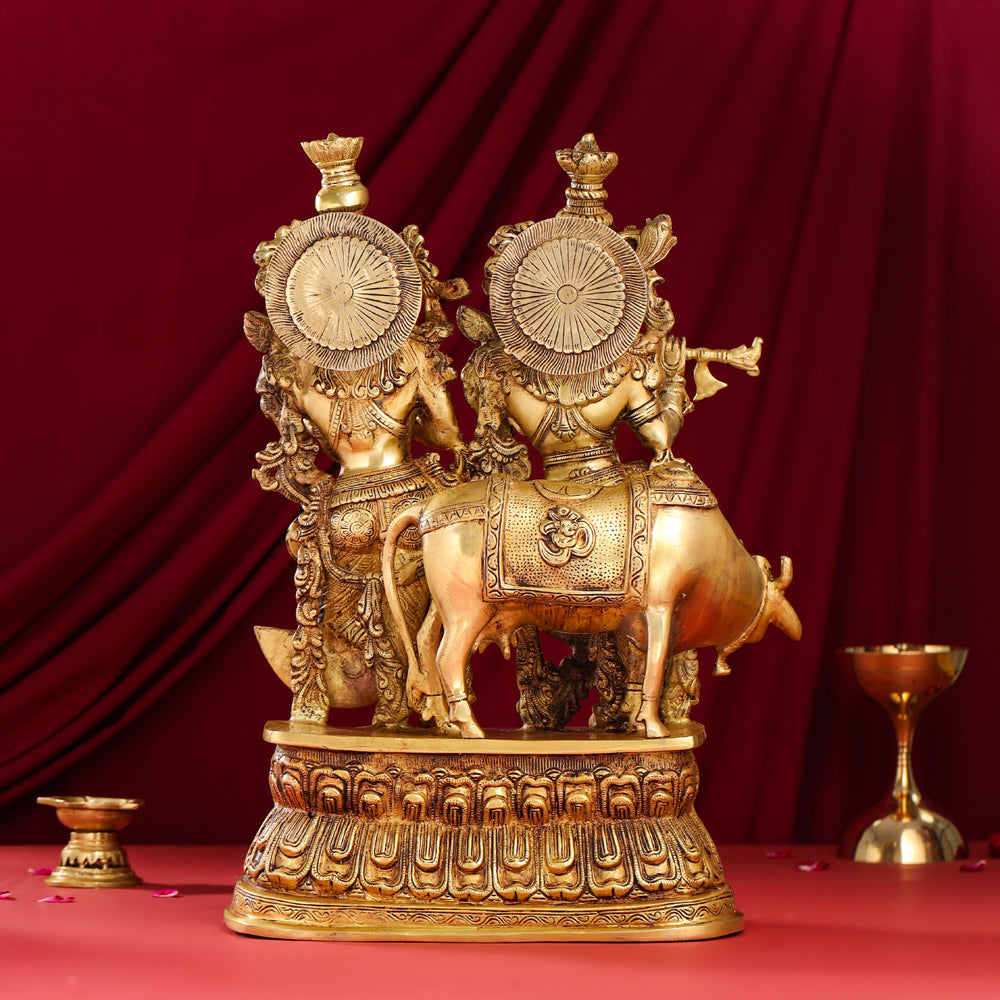 Brass Radha Krishna With Cow Statue (21 Inch)