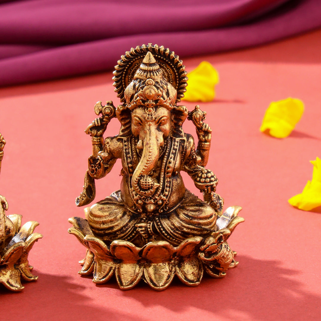 Brass Superfine Lotus Ganesha And Lakshmi Idols