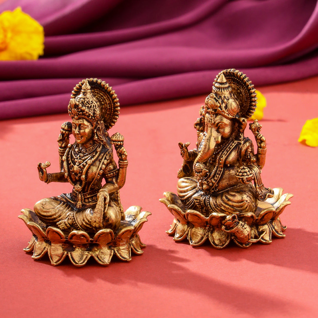 Brass Superfine Lotus Ganesha And Lakshmi Idols