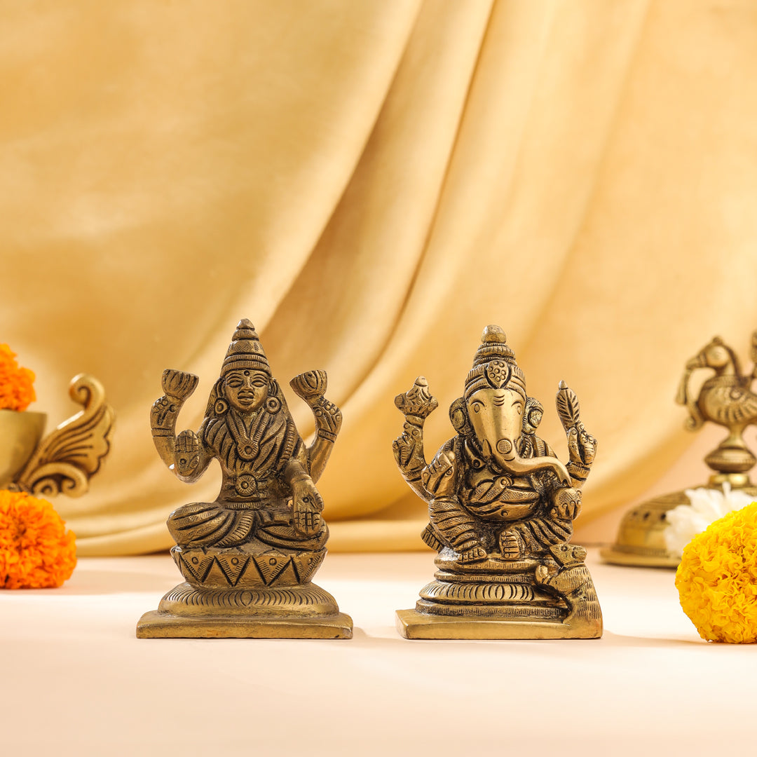 Brass Ganesha And Lakshmi Set Idol (3.5 Inch)