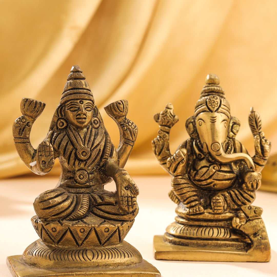 Brass Ganesha And Lakshmi Set Idol (3.5 Inch)