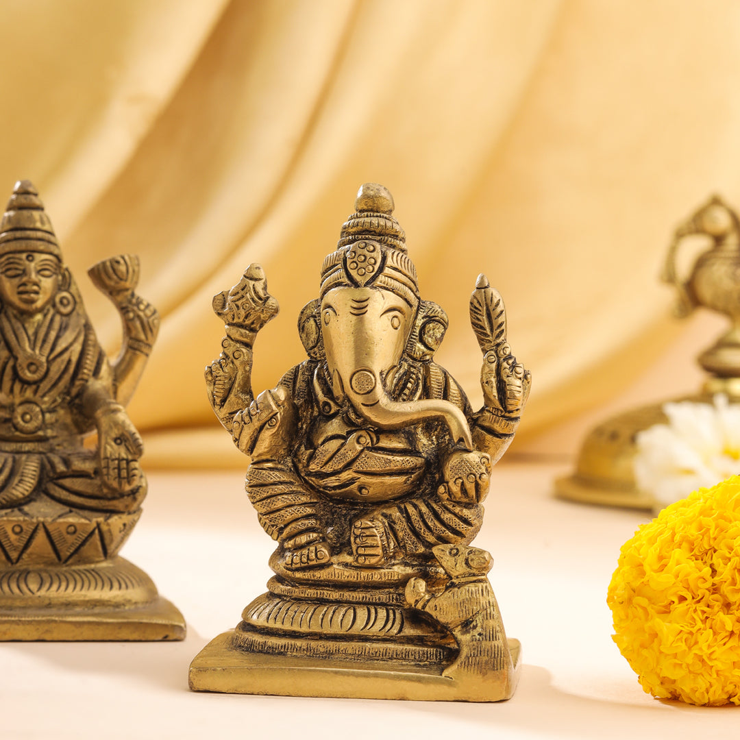 Brass Ganesha And Lakshmi Set Idol (3.5 Inch)
