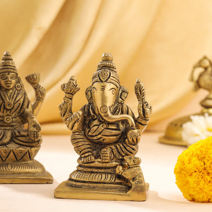 Brass Ganesha And Lakshmi Set Idol (3.5 Inch)