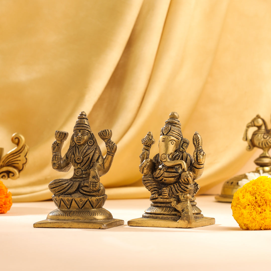 Brass Ganesha And Lakshmi Set Idol (3.5 Inch)