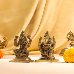 Brass Ganesha And Lakshmi Set Idol (3.5 Inch)
