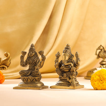 Brass Ganesha And Lakshmi Set Idol (3.5 Inch)