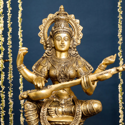Brass Goddess Saraswati Idol (30 Inch)