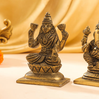 Brass Ganesha And Lakshmi Set Idol (3.5 Inch)