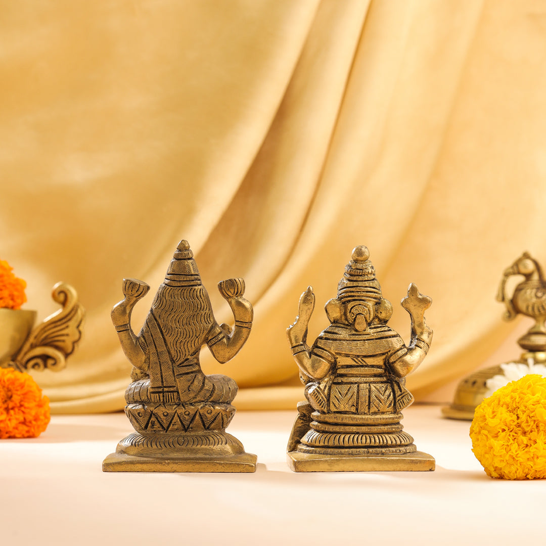 Brass Ganesha And Lakshmi Set Idol (3.5 Inch)