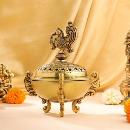 Brass Peacock Dhoop Dani & Incense Holder (7 Inch)
