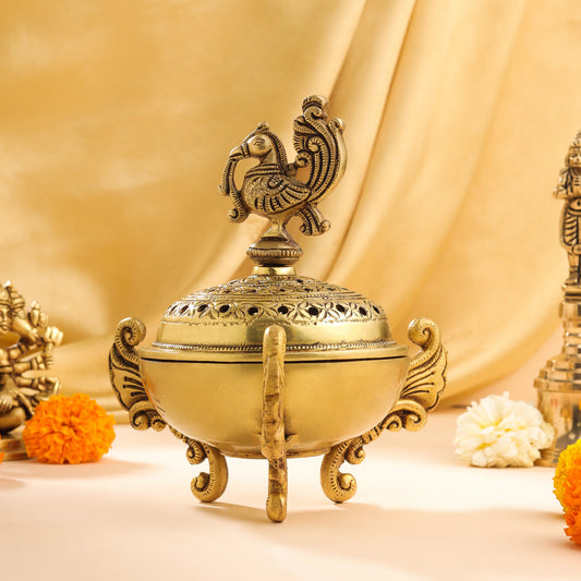 Brass Peacock Dhoop Dani & Incense Holder (7 Inch)