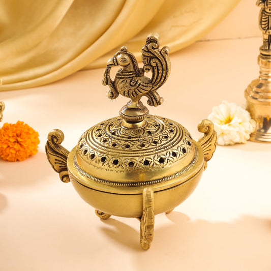 Brass Peacock Dhoop Dani & Incense Holder (7 Inch)