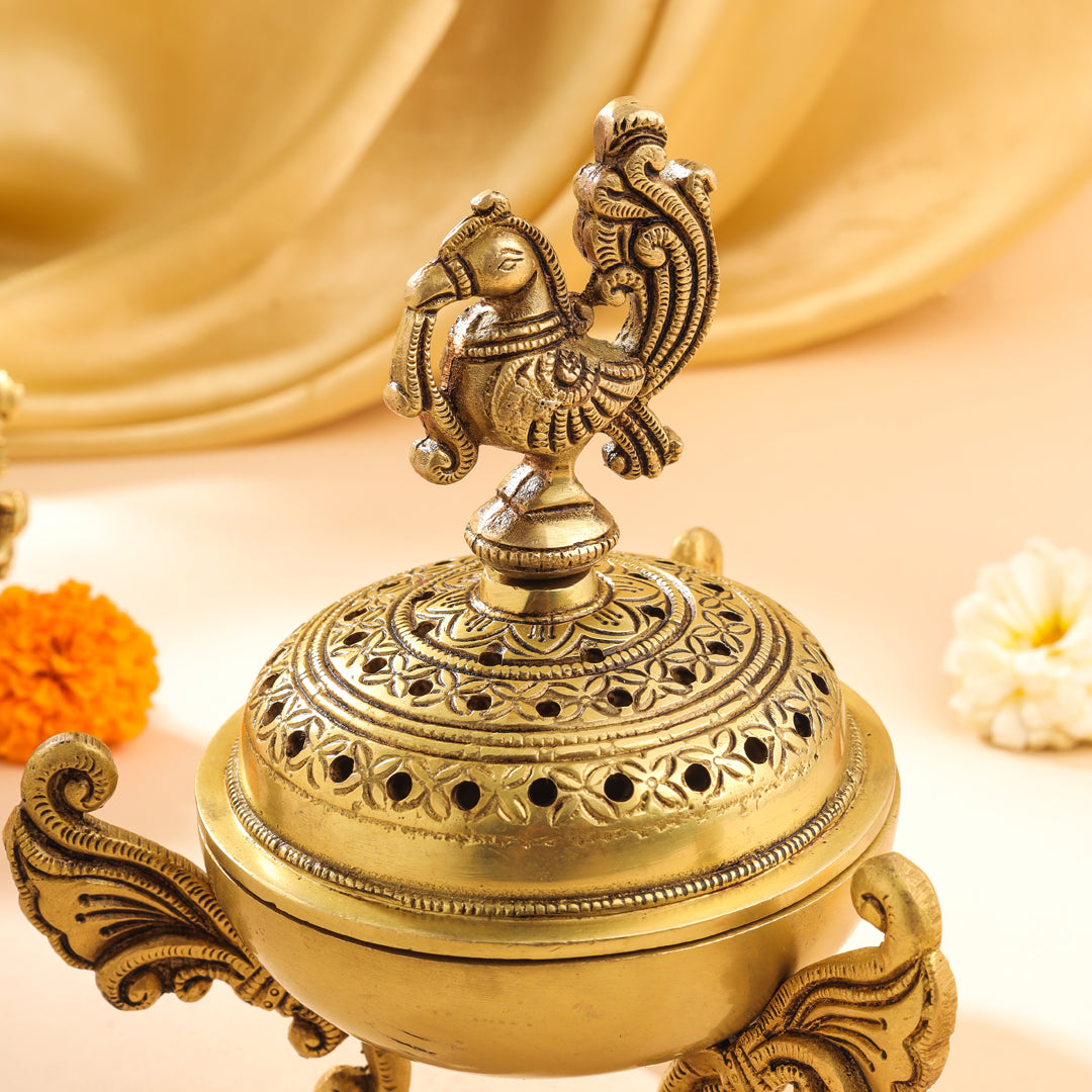 Brass Peacock Dhoop Dani & Incense Holder (7 Inch)