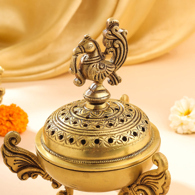 Brass Peacock Dhoop Dani & Incense Holder (7 Inch)